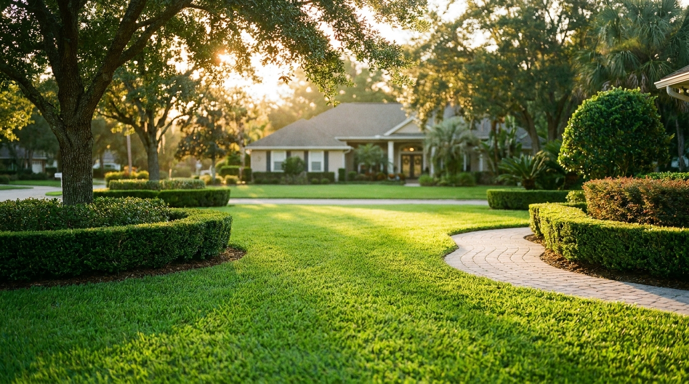 Freshly maintained lawn and landscaping